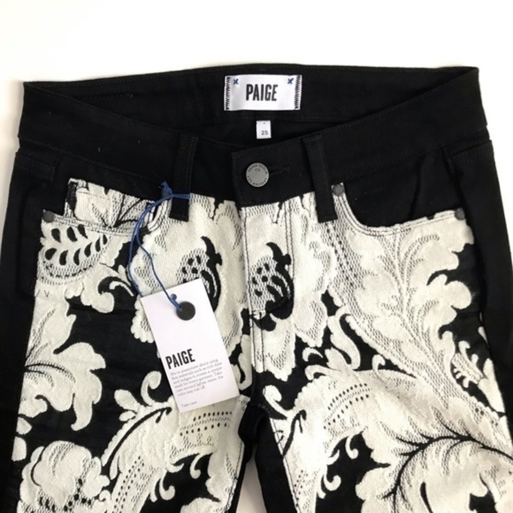 NWT Paige Emily Ultra Skinny Black Cream Appliqué Jeans Size 25 - Picture 4 of 10